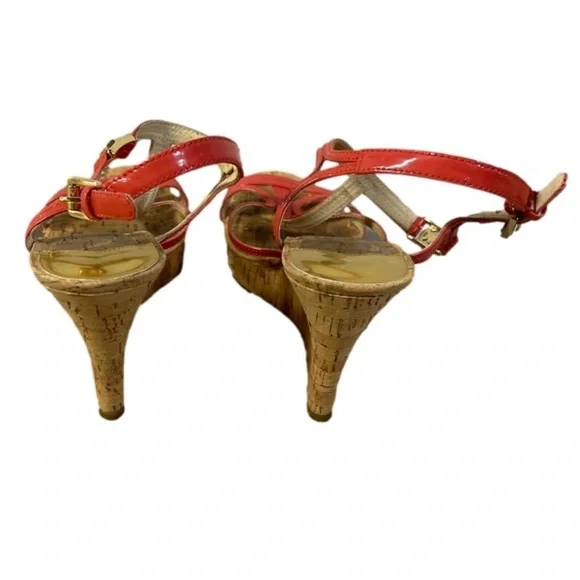 Michael Kors coral pink wedges with gold buckle MK strap size 7.5 - Picture 3 of 7